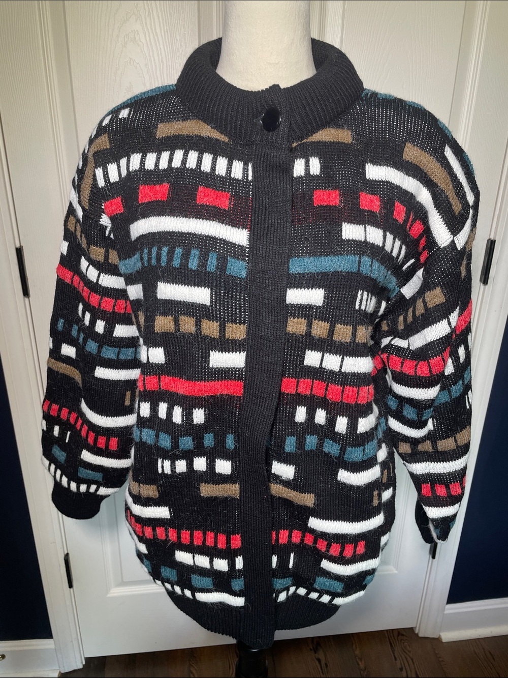 NWT Vtg 90s Premiere Geometric 3D Knit Sweater Coat Quilted Lined Zip Front Sz S